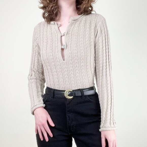 Vintage 100% Alpaca Wool Cable Knit Cropped Sweater Crop Quiet Luxury Rustic Y2K - Picture 4 of 8